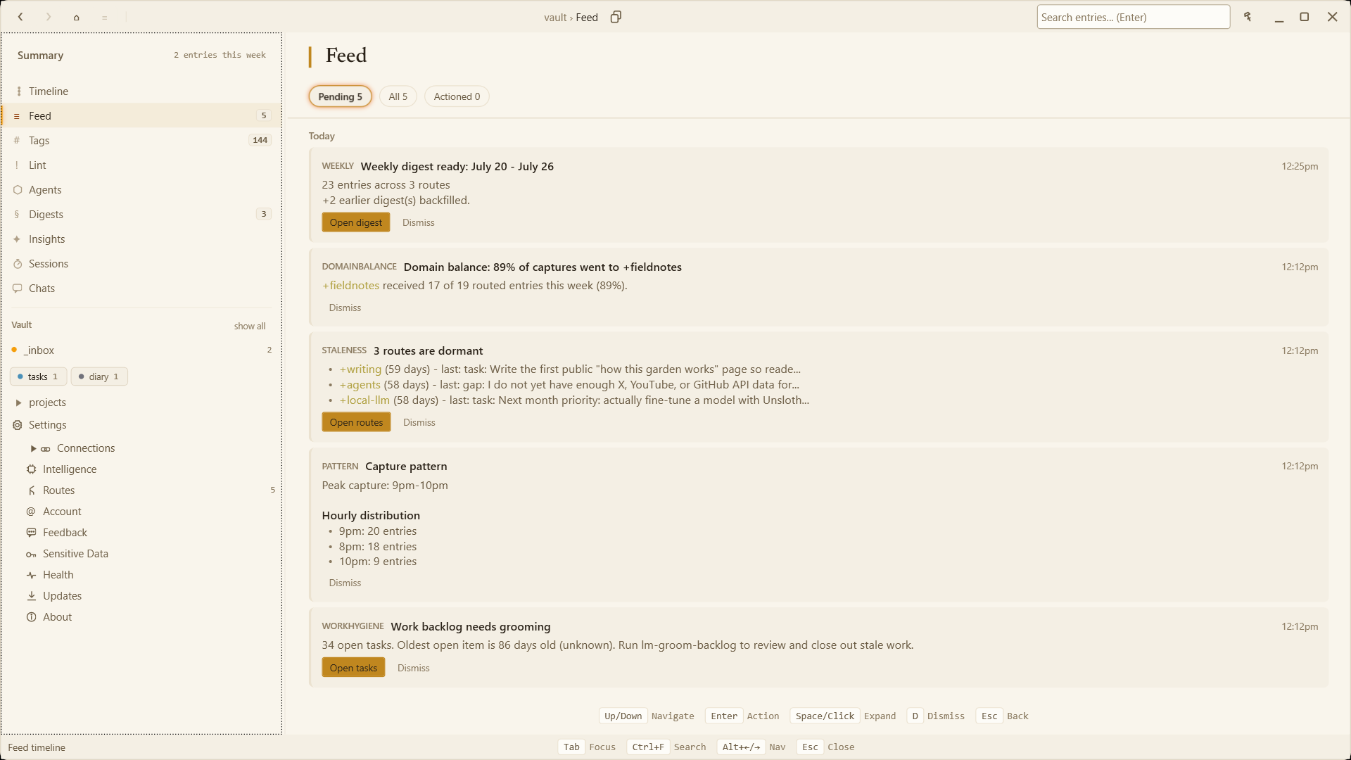 The LogMark desktop app showing its Feed: a weekly digest card, a domain-balance card reporting that 89 percent of captures went to one route, a staleness card listing three dormant routes, a capture-pattern card, and a backlog-grooming card.